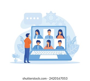 People connecting together, learning or meeting online with teleconference. flat vector modern illustration 