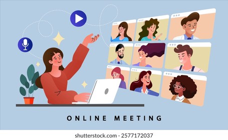 people connecting together, learning or meeting online with teleconference, video conference remote working on laptop computer, work from home and work from anywhere concept, flat vector illustration