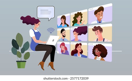 people connecting together, learning or meeting online with teleconference, video conference remote working on laptop computer, work from home and work from anywhere concept, flat vector illustration