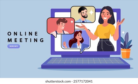 people connecting together, learning or meeting online with teleconference, video conference remote working on laptop computer, work from home and work from anywhere concept, flat vector illustration