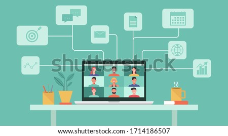 people connecting together, learning or meeting online with teleconference, video conference remote working concept, work from home and work from anywhere, flat vector illustration