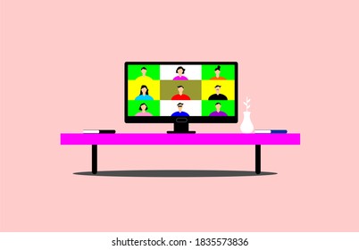 people connecting together, meeting online with teleconference, work from home, flat vector illustration