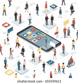 People connecting together through social media and smartphone with apps: communication technology, diversity and accessibility concept