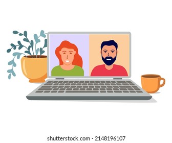 People connecting together.Internet learning team. Video conference working on laptop computer.Video call computer screen.Learn study from home.Vector flat illustration.