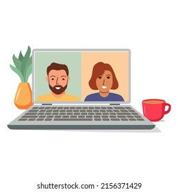People connecting together.Internet learning team. Video conference working on laptop computer.Video call computer screen.Learn study from home.Vector flat illustration.