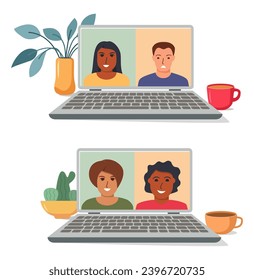 La gente se conecta. Equipo de aprendizaje en Internet. Videoconferencia trabajando en un equipo portátil.Pantalla de videollamadas.Aprender a estudiar desde casa.Ilustración plana vectorial.