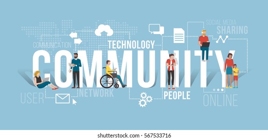 People connecting using smartphones and laptops, they are different but they are communicating together and sharing contents in the same community