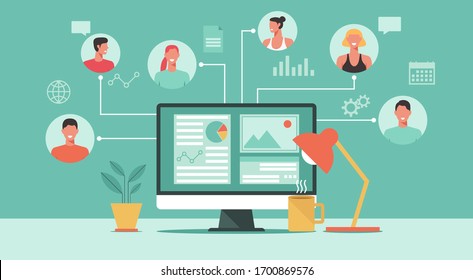 people connecting and working online together on computer, remote working, work from home and work from anywhere concept, flat vector illustration
