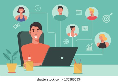 People Connecting And Working Online Together On Laptop Computer, Remote Working, Work From Home And Work From Anywhere Concept, Flat Vector Illustration