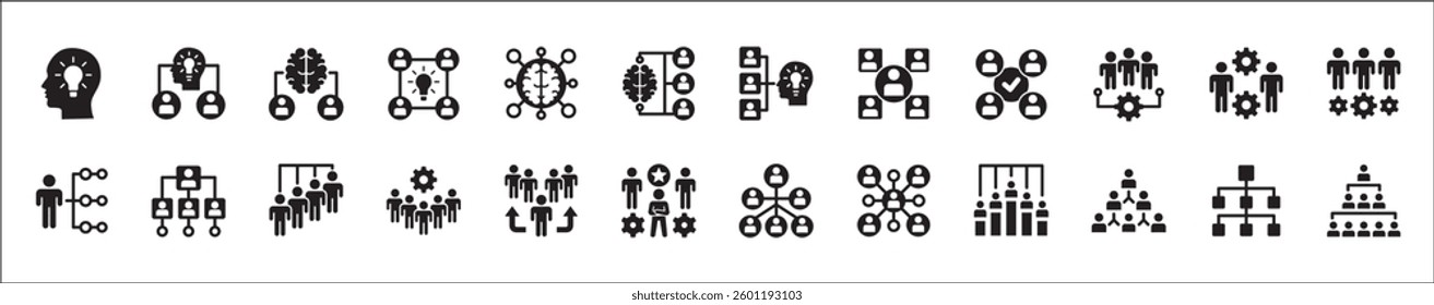 People connection in business icon set. Company asset icons. Human resources development icon. Icons set containing hierarchy, management, leadership, cooperation, idea, thinking, position, occupation