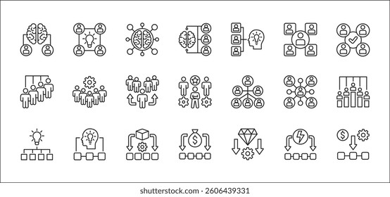 People connection in business icon set. Human resources development icon. Company asset icons. Icons set containing hierarchy, management, leadership, cooperation, idea, thinking, position, occupation