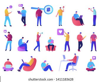 People Connection Digital Devices Browsing Concept. Set of people using tablet, smartphone, laptop. People likes account, searching for a hashtag using. Cartoon Flat Vector Illustration. Hero image