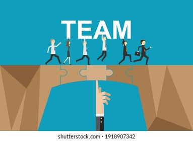 People connects puzzle to create a path for the team, Vector illustration in flat style