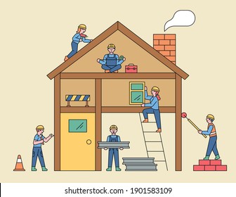 People at the construction site. Cute people are building houses around the section of the house. flat design style minimal vector illustration.