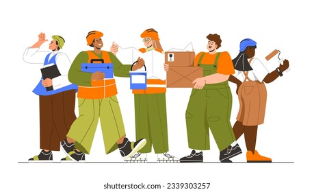 People construction team concept. Men and women in uniform with boxes and protective helmets. Construction and engineering. Cartoon flat vector illustration isolated on white background