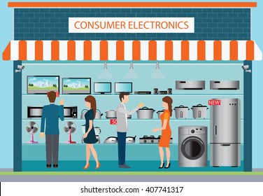 People In Consumer Electronics Store,vector Illustration.