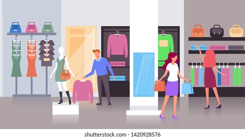 People consumers characters choosing and trying cloth. Shopping concept. Vector flat graphic design cartoon illustration 