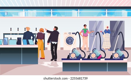people consumers in electronics store choosing and buying home appliance products big sale shopping concept