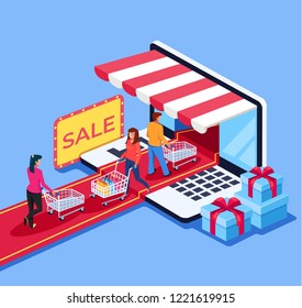 People consumers go in and out internet shop market. Online e commerce retail store shopping concept. Vector design graphic flat cartoon isolated illustration