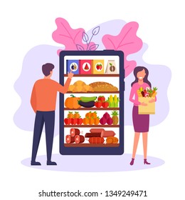 People consumers man and woman character choosing products food by smartphone online food market place. Online delivery shop concept. Vector flat cartoon graphic design illustration