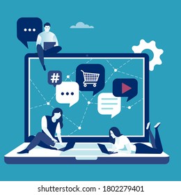 People consuming internet content. Mobile communication and social network concept. Vector illustration of a young people using devices.