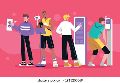 People with Contactless Technology. Different Cartoon Characters Using Contactless Technology During Covid-19