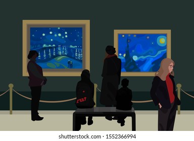 People contemplate classical paintings in museum. Exhibition visitors enjoy exposition. Vector illustration in flat cartoon style.