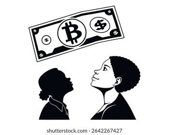 pessoas contemplando oportunidades de investimento Bitcoin, Bitcoin e dólar moeda, empreendedores, negócios, finanças, Bitcoin, criptomoeda, dólar, dinheiro, investimento, oportunidade, sucesso, esperança, o
