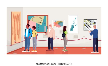 People In Contemporary Art Gallery Semi Flat Vector Illustration. Couple Watching An Exhibition, Collection.Taking Pictures Of Paintings. Art Museum Visitors 2D Cartoon Characters For Commercial Use