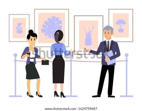 People in contemporary art gallery vector\
illustration. Guide tour museum exposition. Women look artworks,\
paintings and listen to\
guide