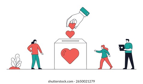 People contributing hearts to a donation box symbolizing generosity and giving