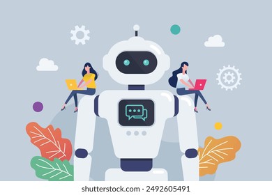 People control android robot on robots shoulder. Cyborg Technology. Vector Illustration. 