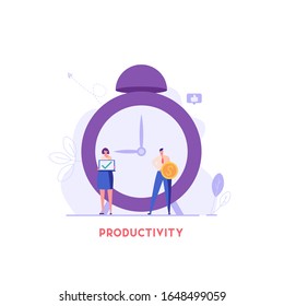 People control time. Business team manage tasks and work efficiently. Concept of time management, productivity, multitasking. Vector illustration in flat design for UI, web banner, landing page