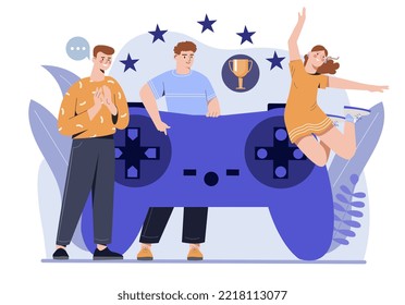 People with controller. Video games and modern entertainment metaphor. Gadgets and devices, modern technologies and digital world. Students with gamepad or joystick. Cartoon flat vector illustration