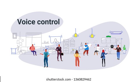 people controlling digital devices home network talking to smart speaker personal virtual assistant voice control command recognition concept modern living room interior sketch horizontal