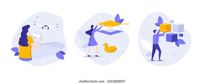 People controlling quadrotor, placing square shapes one above other and rubber duck, holding cubic objects. Concept of aerial photography drone, 3d modelling art. Set of flat vector illustrations.