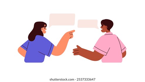 People in conversation, dialogue. Happy man and woman talking, sharing opinions, discussing. Discussion and communication with speech bubbles. Flat vector illustration isolated on white background