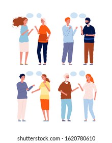 People conversation. Dialogue persons of different ages genders and nationality characters talking with speech bubbles vector