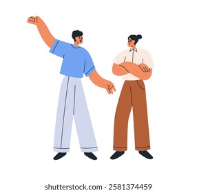 People in conversation. Excited man talking, telling, gesturing with hand, person standing, listening. Characters speaking. Communication scene. Flat vector illustration isolated on white background