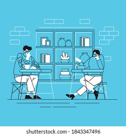 People Conversation in New Normal Activity Social Distancing At Restaurant With Line Style