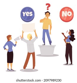 People convince man to make choice or decision, flat vector illustration isolated on white background. Yes and no buttons, concept of social pressure and persuasion.