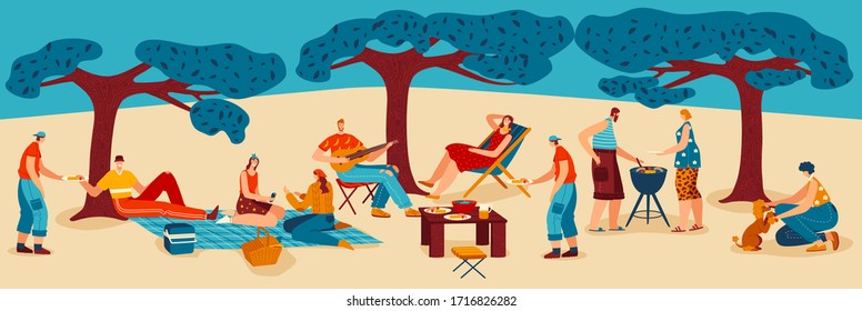 People cook barbeque meat at nature, family cooking bbq party, park landscape cartoon vector illustration. Friends barbecue and grill meat and sausages food picnic, play music outside on summer.