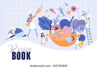 People Cook in Chef Uniform and Cap. Teamwork, Tiny Characters cooking huge salad. Food Preparing Process. Recipe illustration. Editable vector illustration