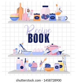People Cook in Chef Uniform and Cap. Teamwork, Tiny Characters cook on the huge shelve with dishes, pans, food and spices. Food Preparing Process. Recipe illustration. Editable vector illustration