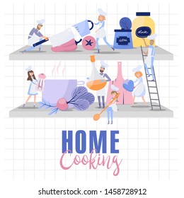People Cook in Chef Uniform and Cap. Teamwork, Tiny Characters cook on the huge shelve with dishes, pans, food and spices. Food Preparing Process. Recipe illustration. Editable vector illustration