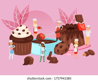 La gente cocina chocolate, composición de recetas de comida, pancartas de panadería profesional, horneado de postres, ilustración vectorial de estilo caricatura. Hombres felices, mujeres hacen pasteles, afiches para dulces con gente pequeña.