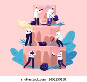 People Cook Festive Cake with Cream and Berries. Tiny Characters in Chef Uniform and Cap Decorating Huge Pie. Teamwork, Bakery, Giant Dessert for Birthday or Wedding Cartoon Flat Vector Illustration