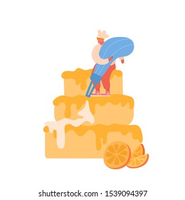 People Cook Festive Cake with Cream. Character in Chef Uniform and Hat Decorating Huge Pie. Teamwork, Bakery, Giant Dessert for Birthday or Wedding Cartoon Flat Vector Illustration