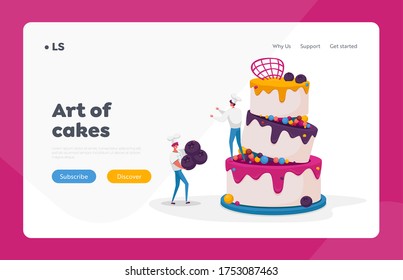 People Cook Festive Cake with Cream Landing Page Template. Tiny Characters in Chef Uniform and Cap Decorating Huge Pie with Berries. Bakery Dessert for Birthday or Wedding. Cartoon Vector Illustration