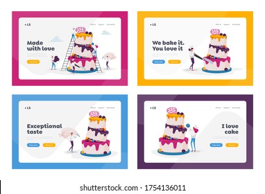 People Cook Festive Cake with Cream and Berries Landing Page Template Set. Tiny Chef Characters Decorate Huge Pie. Teamwork, Bakery, Giant Dessert for Birthday or Wedding. Cartoon Vector Illustration